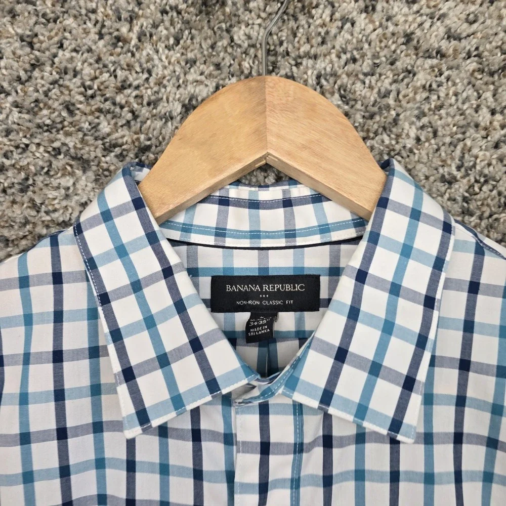 Banana Republic Dress Shirt Mens Large 16-16.5 34/35 Blue Plaid Button Up Casual